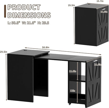 Folding Desk with Storage and Charging Station, Pull-Out Desk Cabinet with Spacious Desktop, Foldable Computer Table for Small Space, Black Oak