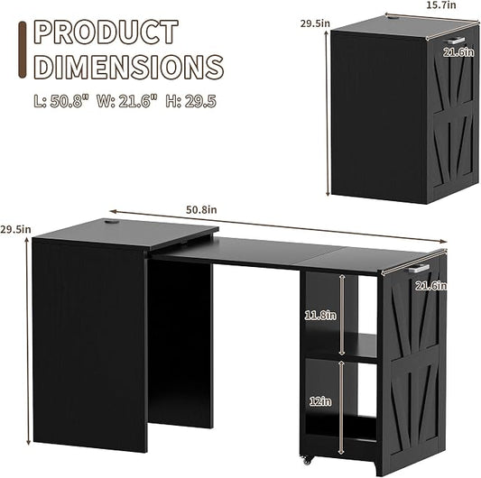 Folding Desk with Storage and Charging Station, Pull-Out Desk Cabinet with Spacious Desktop, Foldable Computer Table for Small Space, Black Oak