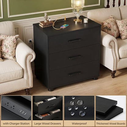 Aheaplus Night Stand with Charger Station, 21.7'' Wider Nightstands with 3 Wooden Drawers, Large Bedside Table, Modern Tall End Side Table, Nightstand for Bedroom, Black