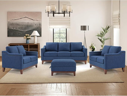 HAOMARKETS 4 Piece Fabric Sofa Set with Nailhead Trim, Included Upholstered Loveseat 2-Seater Couch, 3 Seater Couch Set of 2 and Storage Ottoman with Flip-Top Table, Living Room Furniture Set, Blue