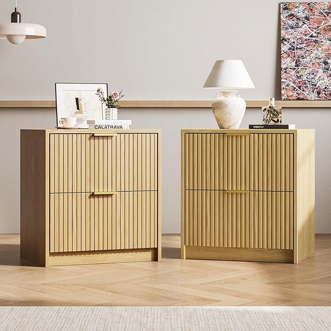 MAISONARIA 3-Piece Dresser Bedroom Set, 9 Drawer Dresser & 2 Drawer Nightstands with Gold Handles, Fluted Wood Chest of Drawers for Bedroom, Living Room, Entryway, Nature