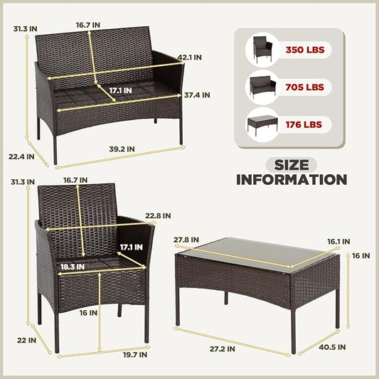 FDW | 4-Piece Patio Furniture Set | Brown & Red | Outdoor Wicker Furniture with Coffee Table | Modern Rattan Chairs Conversation Set | Outdoor Seating | Weather-Resistant | for Porch, Garden, Lawn