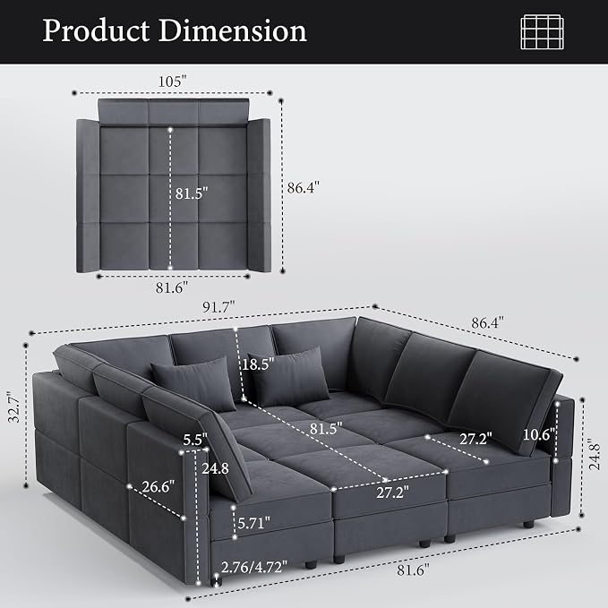 Vesgantti Modular Sofa Bed with Storage, 92" Sleeper Sofas with 9 Seats Storage Chaises Removable Cover, Luxury Large Velvet Sectional Couch Set for Living Room, Apartment, Home Theater, Gray