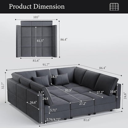 Vesgantti Modular Sofa Bed with Storage, 92" Sleeper Sofas with 9 Seats Storage Chaises Removable Cover, Luxury Large Velvet Sectional Couch Set for Living Room, Apartment, Home Theater, Gray