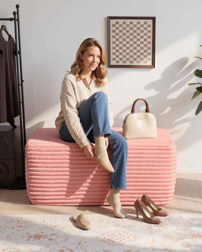 37" Plush Boneless Ottoman, Upholstered Cloud Footrest for Boneless Couch in a Box,Oversize Poufs for Living Room & Bedroom Sofa Ottoman,Comfy Seating with Dense Foam, Pink (Plush Corduroy Fabric)