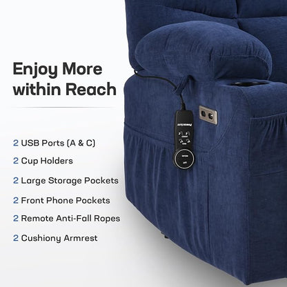 Tami Tami Dual Motor Power Lift Chair Recliner for Elderly with Massage and Heat, Infinite Position Electric Lift Recliner with USB A&C, Cup Holders (T6012 - Chenille Fabric, Blue, Oversized)