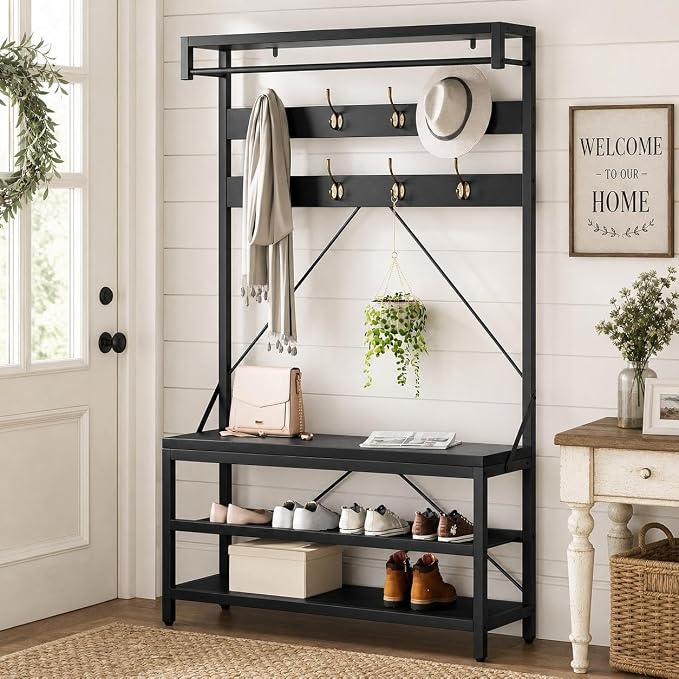 IDEALHOUSE Industrial Hall Tree with Bench and Shoe Storage, 3-in-1 Entryway Mudroom Organizer with 8 Coat Hooks, Heavy Duty Standing Clothes Rack for Hallway, Black