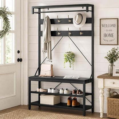 IDEALHOUSE Industrial Hall Tree with Bench and Shoe Storage, 3-in-1 Entryway Mudroom Organizer with 8 Coat Hooks, Heavy Duty Standing Clothes Rack for Hallway, Black