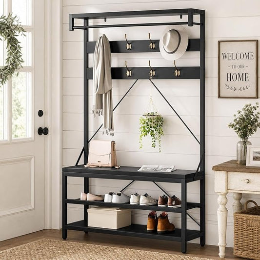IDEALHOUSE Industrial Hall Tree with Bench and Shoe Storage, 3-in-1 Entryway Mudroom Organizer with 8 Coat Hooks, Heavy Duty Standing Clothes Rack for Hallway, Black