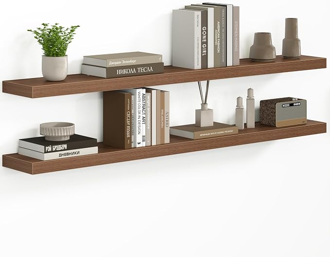 Fun Memories 55 Inch Floating Shelves - Fireplace Mantel Shelf - Deep Wall Mounted Wood Storage Shelf for Bedroom, Kitchen, Farmhouse - 2 Pack, Walnut