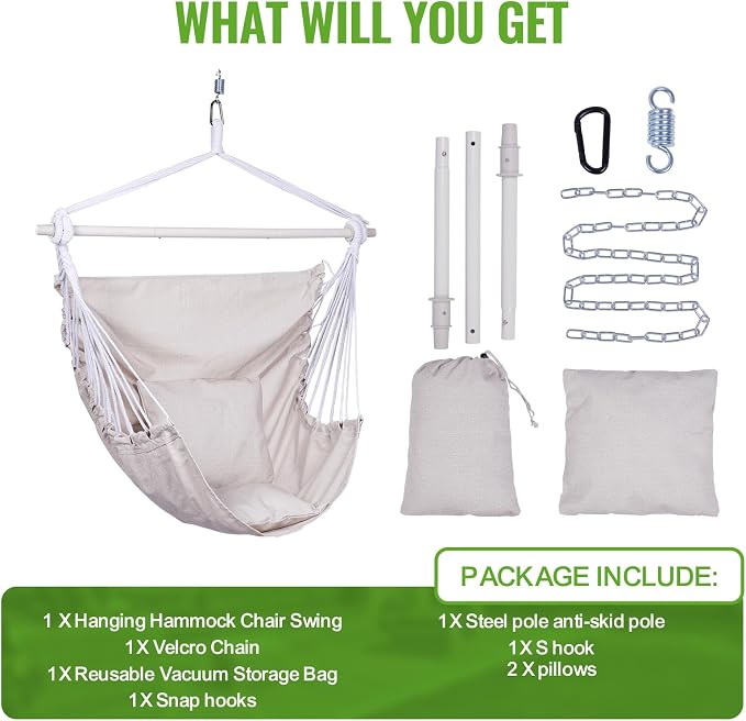 Backyard Expressions Hammock Chair Hanging Rope Swing Chair, 2 Pillows, Anti Slip Steel Spreader Bar