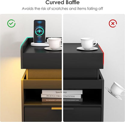 Black Nightstand with Charging Station, Hidden Sliding Top Compartment with USB-C, 2 USB Ports & 2 Outlets, Modern Night Stand with Drawers for Bedroom