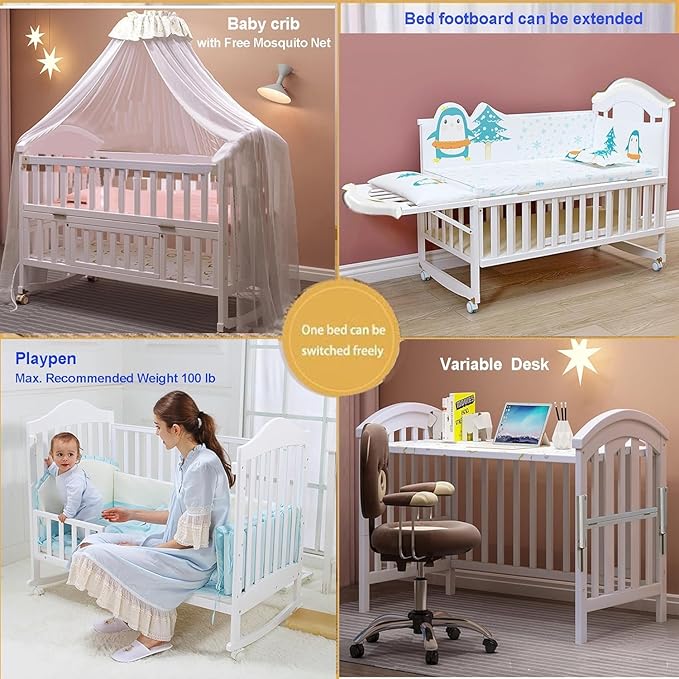 Portable Mini Baby Crib 4 in 1 with Memory Foam Mattress(38"by24") Included, Cunas para Bebes 2026 Convertible Crib 6 in1 with Foldable Storage Baby Playpen Bassinet Bedside Sleeper Bed(White)