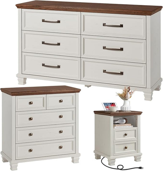 SAVOR LIFE Farmhouse Dresser and Nightstand Sets of 3, 6/5 Drawer Dresser & 2 Drawer Nightstand, Rustic White Bedroom Furniture Set for Home, Bedroom, Hallway, White