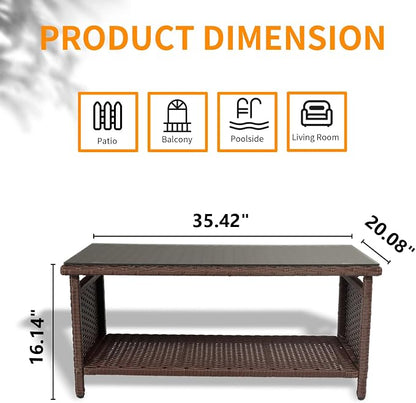 VINGLI Outdoor Wicker CoffeeTable Patio Coffee Tables for Outside, Tempered Glass Top Wicker Table with Storage Coffee Table for Patio Balcony Porch Deck (Brown)