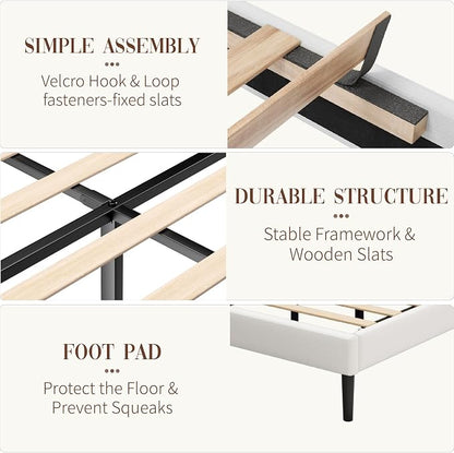Sismplly Queen Size Bed Frame and Headboard,Vertical Channel Tufted Wingback No Box Spring Needed, Mattress Foundation, Easy Assembly White
