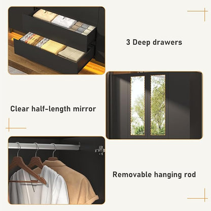 4 Doors Armoire Wooden Wardrobe Closet with 3 Drawers & 2 Mirror, 75"H Clothing Storage Cabinet with Hanging Rod,Modern Bedroom Large Freestanding Armoires with Led Lights for Bedroom, Black