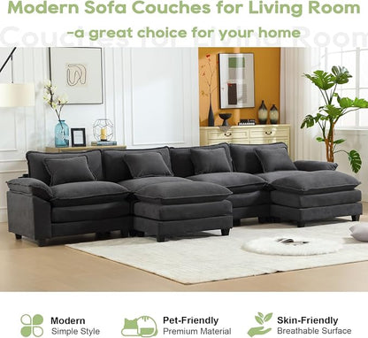 Oprisen 154" Modular Sectional Sofa, Comfy Cloud Couch Sectional Sofa with Ottoman, Velvet Sofa Sleeper Deep Seat Sofa with Throw Pillows for Living Room (Blue Gray, 154"- U Shape)