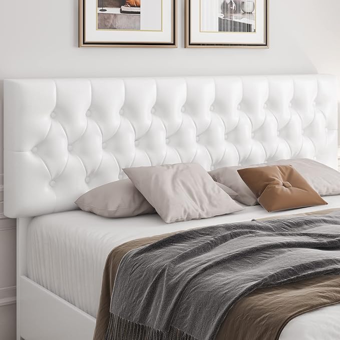 Keyluv Full Size Upholstered Platform Bed Frame with 4 Storage Drawers, Modern White Faux Leather Bed with Adjustable Button Tufted Headboard, Solid Wooden Slat Support, Easy Assembly