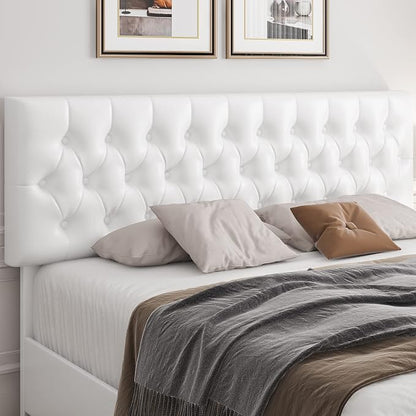 Keyluv Full Size Upholstered Platform Bed Frame with 4 Storage Drawers, Modern White Faux Leather Bed with Adjustable Button Tufted Headboard, Solid Wooden Slat Support, Easy Assembly