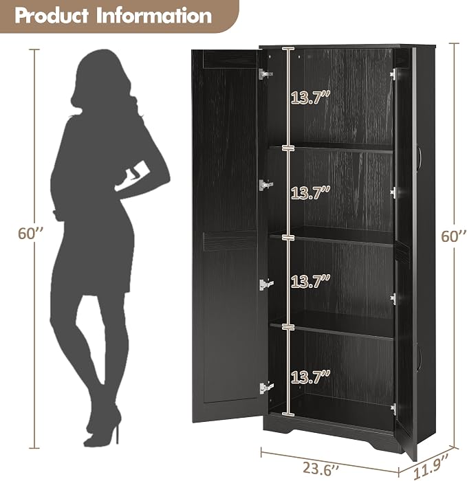 Garvee Tall Pantry Cabinet, 60" Kitchen Storage Cabinet with 2 Doors & Adjustable Shelves, Freestanding Wooden Cupboard for Bathroom，Dining Room, Living Room,Black