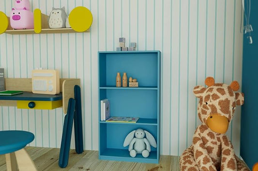 Furinno BASIC Book Shelf, 3-Tier Modern Bookshelf, Bookcase with Open Shelves, 9.3 x 21.8 x 39.5, for Living Room, Bedroom, Home Office, Light Blue