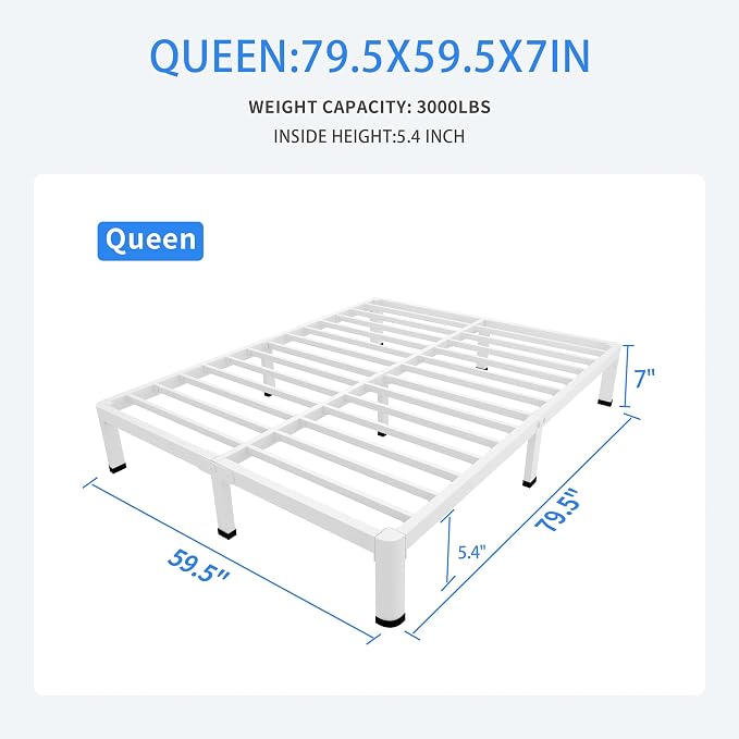 MAF 7 Inch Queen Metal Platform Bed Frame White with Round Corner Legs, Mattress Slide Stopper, 3000 LBS Heavy Duty Steel Slats Support, Noise Free, No Box Spring Needed, Easy Assembly