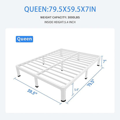 MAF 7 Inch Queen Metal Platform Bed Frame White with Round Corner Legs, Mattress Slide Stopper, 3000 LBS Heavy Duty Steel Slats Support, Noise Free, No Box Spring Needed, Easy Assembly
