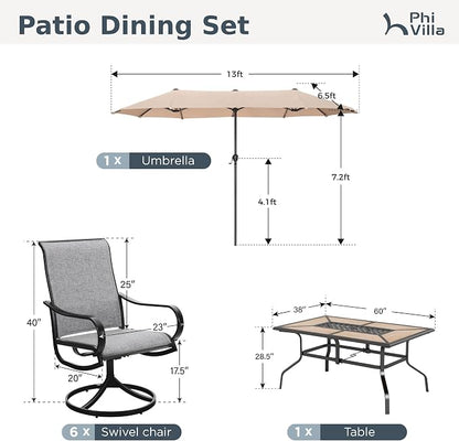 PHI VILLA Patio Dining Set with Umbrella for 6 Person, Outdoor Swivel Dining Chairs & 1 Large Wooden-Like Top Table with 13ft Beige Outdoor Umbrella for Deck Lawn (No Umbrella Base)