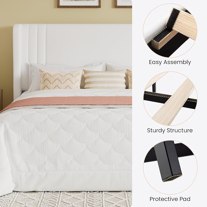 SHA CERLIN Full Size Velvet Upholstered Platform Bed Frame with Vertical Channel Tufted Wingback Headboard, Wooden Slats Support, Easy Assembly, Under Bed Storage, No Box Spring Required, White