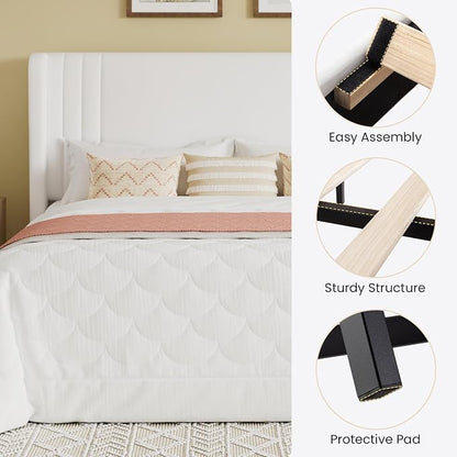 SHA CERLIN Full Size Velvet Upholstered Platform Bed Frame with Vertical Channel Tufted Wingback Headboard, Wooden Slats Support, Easy Assembly, Under Bed Storage, No Box Spring Required, White