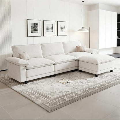 Modern L Shaped Sofa Couches for Living Room, Modular Sectional Cloud Couch with Movable Ottoman, Comfy Chenille Sofa for Apartment and Small Space, Beige