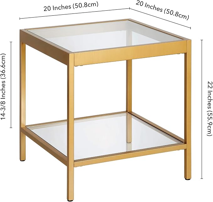 Henn&Hart 20" Wide Square Square Side Table in Brass, Table for Living Room, Bedroom | Two-tiered glass shelves with a metal frame, offering open display space for living rooms, offices, or bedrooms