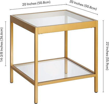 Henn&Hart 20" Wide Square Square Side Table in Brass, Table for Living Room, Bedroom | Two-tiered glass shelves with a metal frame, offering open display space for living rooms, offices, or bedrooms