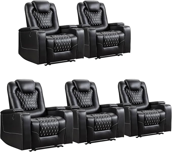 ANJ Power Recliner Chair Set of 5, Electric Soft Faux Leather Reclining Home Theater Seating - USB Ports, Cup Holders, Hidden Arm Storage Movie & Media Room Chairs (Black)