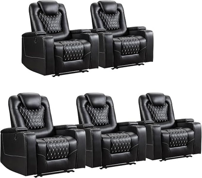 ANJ Power Recliner Chair Set of 5, Electric Soft Faux Leather Reclining Home Theater Seating - USB Ports, Cup Holders, Hidden Arm Storage Movie & Media Room Chairs (Black)
