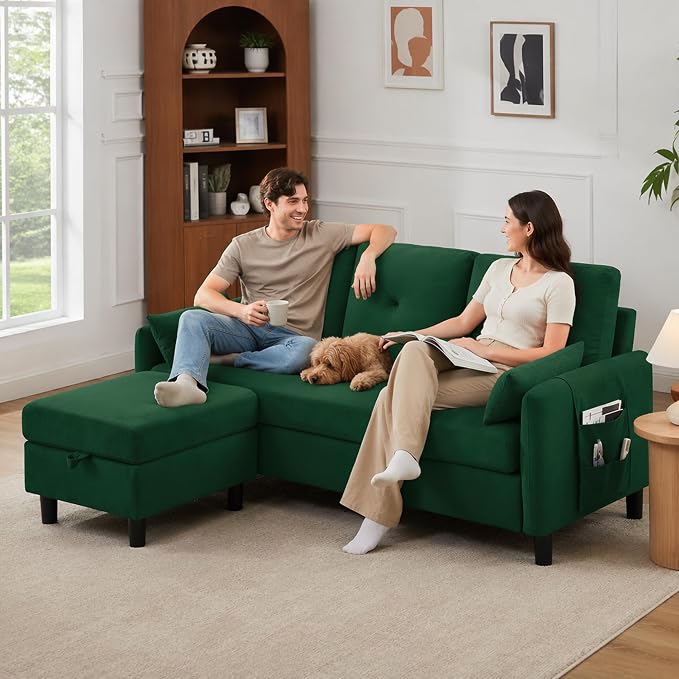 77" Convertible Sectional Sofa, Small L Shaped Couch with Storage Chaise, 3 Seats Modern Polyester Fabric Couches for Living Room, Apartment and Small Space, Green