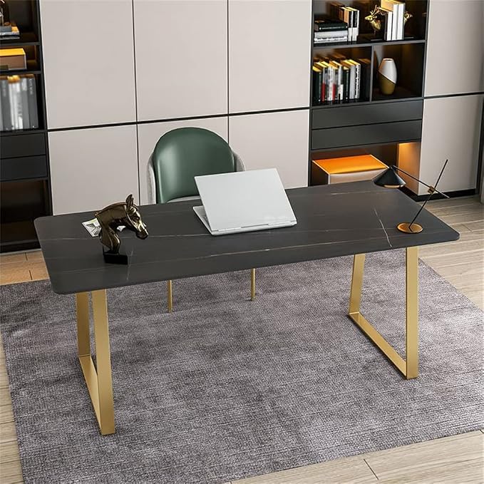 LAKIQ Modern Stone Writing Desk Home Office Working Table Desktop Computer Desk Home Writing Table-Table Only(Black-Gold,63" L x 31.5" W x 29.5" H)