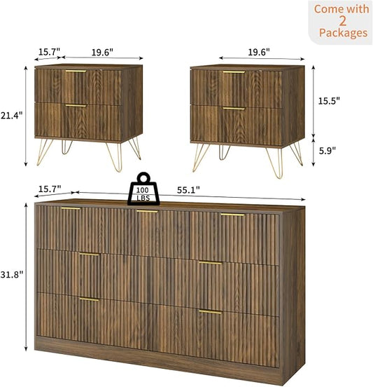 7 Drawer Dresser and Nightstand Sets, 3 Pcs Bedroom Set for Bedroom, Fluted Night Stand Set of 2 & 55" Wide Dresser w/Gold Handles, Mid Century Wood Chest of Drawers Storage Set, Walnut