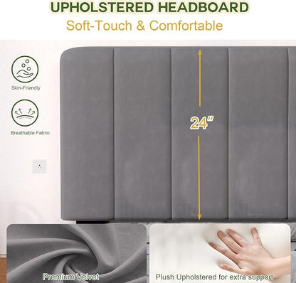 Queen Size Bed Frame with Headboard, Platform Bed with Soft Velvet Upholstered Headboard | Wooden Slats Support | Adjustable Height | No Box Spring Needed, Queen Bed Frame Grey