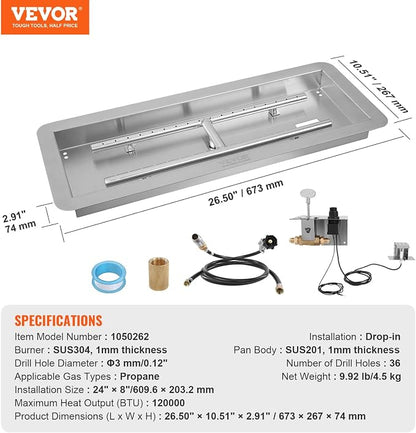 VEVOR 24 x 8 inch Drop-in Fire Pit Pan, Rectangular Stainless Steel Fire Pit Burner Kit, Propane Gas Fire Pan 120,000 BTU with H-Burner for Indoor or Outdoor Use