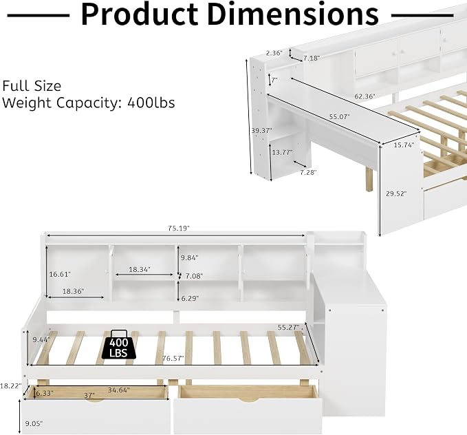 Bellemave Full Corner Bed Frame, Full Size Corner Beds with Storage Cabinets and Desk, Wood Daybed with Bookcase and Drawers, White