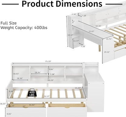 Bellemave Full Corner Bed Frame, Full Size Corner Beds with Storage Cabinets and Desk, Wood Daybed with Bookcase and Drawers, White
