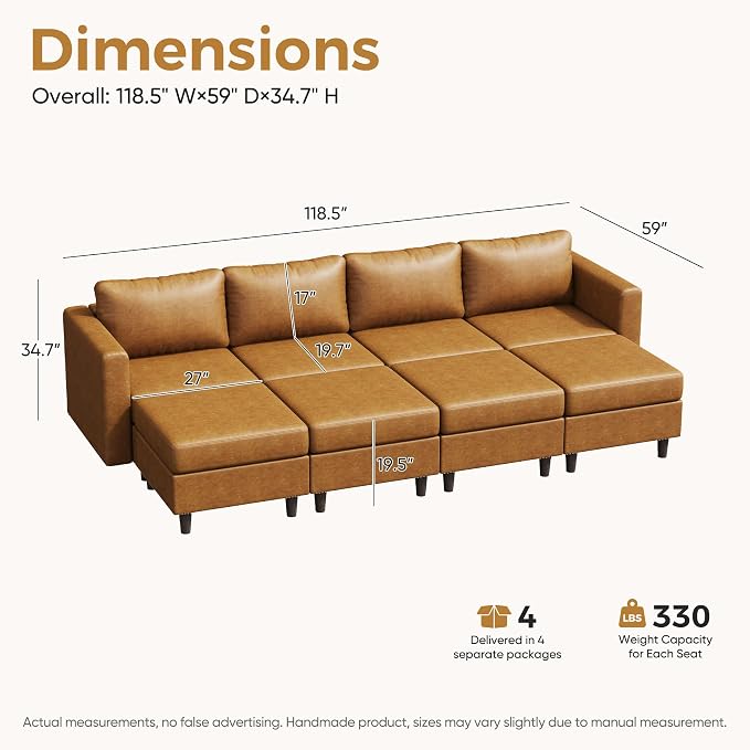 ABCASA 118.5" Faux Leather Luxury Modular Sleeper Sofa Bed with Storage Seat, 8 Seat Sectional Couch Deep Seat with Reversible Chaises & Removable Cover - Brown