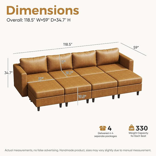 ABCASA 118.5" Faux Leather Oversized Sleeper Sofa Bed with Storage Seat, 8 Seat Modular Sectional Couch Deep Seat with Reversible Chaises & Movable Ottoman - Brown