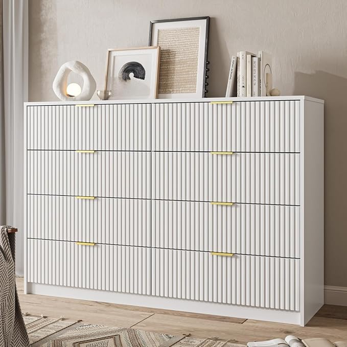 MAISONARIA 3-Piece Dresser Bedroom Set, 8 Drawer Dresser & 3 Drawer Nightstands with Gold Handles, Fluted Wood Chest of Drawers for Bedroom, Living Room, Entryway, White
