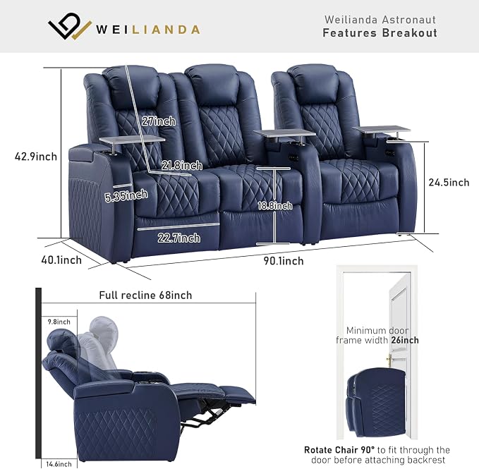 Weilianda Home Theater Seating Top Grain Leather Zero Gravity Recliner Chair Power Headrest Recline Movie Seat Gaming 7 Colors Mood Light Sofa with Tray Table USB Charge Row of 3 Loveseat Left Blue