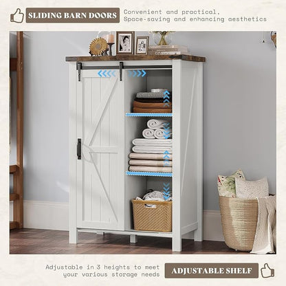 AMERLIFE 5-Piece Farmhouse Furniture Bedroom Set, Dressers & Nightstand Set of 2 with Storage Cabinet & Sideboard, Sliding Barn Door Wood Bedroom Set for Bedroom/Living Room, Distressed White