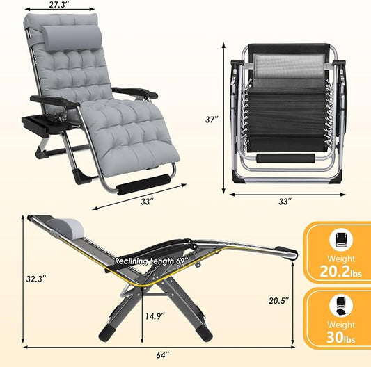 Slendor Oversized Zero Gravity Chairs XXL, 33In Padded Zero Gravity Lounge Chair, Lawn Recliner, Folding Patio Reclining Chair w/Aluminum Alloy Lock, Headrest, Cup Holder, Support 500lbs, Grey