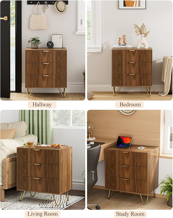 Walnut Dresser for Bedroom, Modern Fluted 3 Drawer Dresser with Storage, Dresser Chest of Drawers with Gold Handles for Bedroom, Living Room, Closet, Hallway, 15.8" D x 23.6" W x 27.6" H